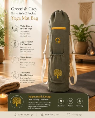 Image of O2 Yoga Mat Bag | Cotton Yoga Mat Carry Bag with Adjustable Double Straps | Yoga Mat Cover Bag for Women & Men | Fits 2mm-10mm Mats (Greenish Grey Kalpavruksh Block Print)