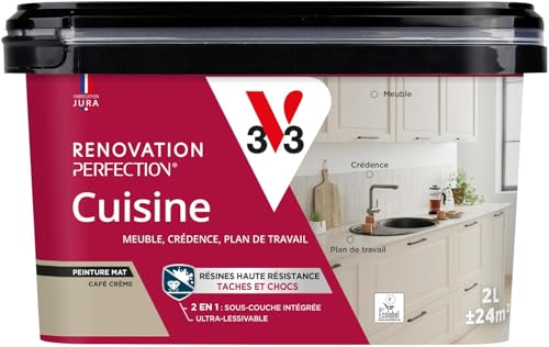V33 Peinture Cuisine - Rénovation Perfection® - Haute Résistance taches et Chocs - Ultra-Lessivable - Meuble - Crédence - Plan de travail - Café Crème...