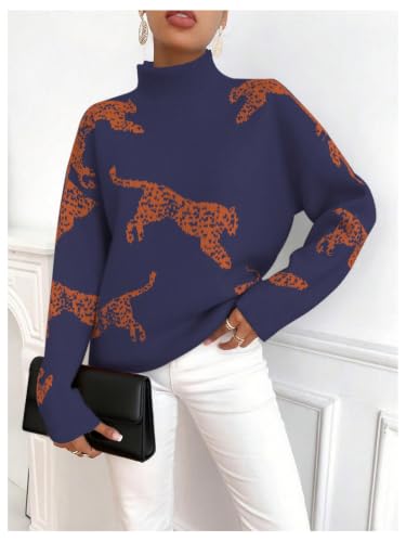 Image of WDIRARA Women's Leopard Tiger Print Sweater High Neck Long Sleeve Fuzzy Knitted Pullover Top