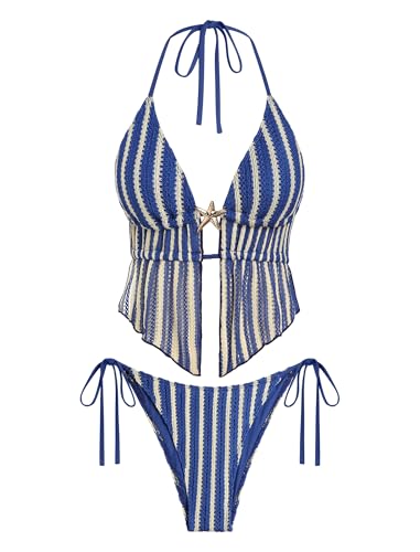 Image of ZAFUL Halter Swimsuits for Women Textured Backless 2 Piece Bathing Suits Cheeky High Cut String Tie Side Bikini Sets