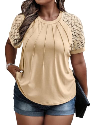 Image of Eytino Plus Size Tops for Women Summer Lace Short Sleeve Crewneck Loose Casual Blouse Tunic T Shirts(1X-5X)