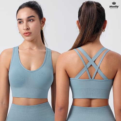 Image of BLUELILY Sports Bra for Women Medium Support Criss Cross Strappy Bras Seamless Padded High Impact Yoga Athletic Exercise Bras