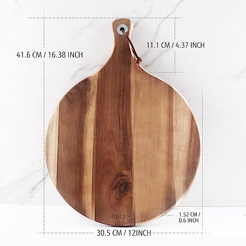 hecef Acacia Wood Large Cheese Board Charcuterie Board, Round Cutting Board with Paddle Handle for Pizza, Cheese, Fruits, Vegetables, Bread - Food Serving Tray - 12 inch