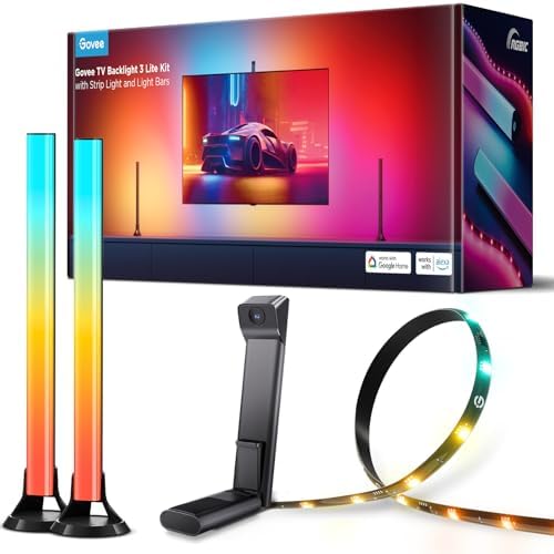 Govee TV Backlight 3 Lite Kit, 11.8ft RGBICW Wi-Fi TV LED Strip Lights | for 55-65in TVs with Camera and 15 Inches Smart Light Bars with 4-in-1 Light Beads - Works with Alexa & Google Home