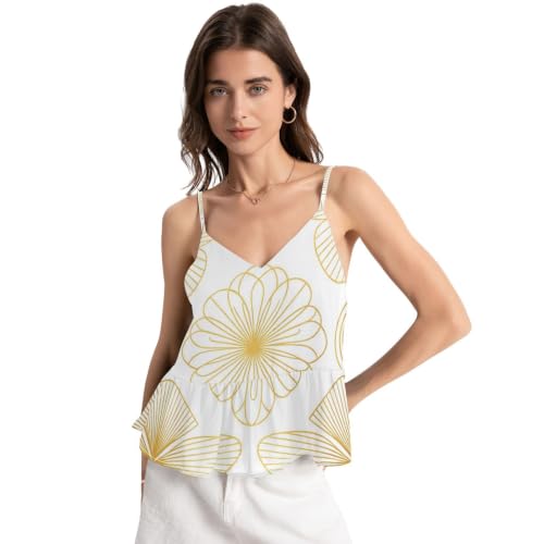 Caraco en mousseline de soie col en V : haut d'été chic floral doré ajustable