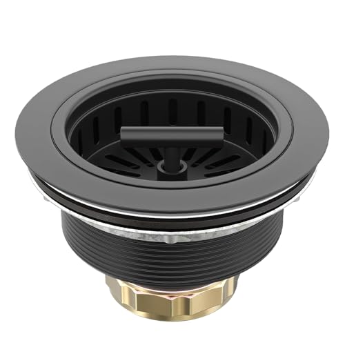 KONE Black Kitchen Sink Drain Matte Black Sink Strainer 3-1/2 Inch Drain Assembly Kit Replacement for Universal 3.5 Inch Kitchen Sink All Stainless Steel Body with Strainer Basket and Drain Stopper