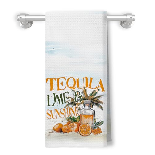 XUNLURY Funny Summer Tequila Kitchen Towels, Gifts for Tequila Lovers Dish Tea Bar Towels for Kitchen Bar Cart, Retro Mexico Cinco de Mayo Decorative Hand Towels, 16x24 Inch