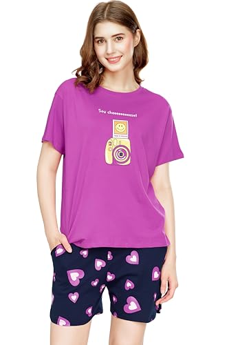 Image of ZEYO Night Suit for Women's Floral & Cheetah Printed Cotton Night Dress of Top and Short's Set 5737