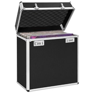OUUTMEE Mallette pour disques vinyles – Capacité de stockage : environ 50 disques – Noir – Design en alliage d’aluminium, Noir , Mallette pour disques vinyle - Les Beatles, Paul McCartney, John Lennon, RIngo Starr, George Harrison