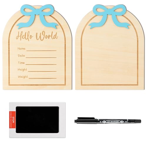 Image of R HORSE Baby Birth Announcement Sign - 3D Blue Bow Wooden Baby Birth Sign with Marker Pen and Ink Pad for Hand and Footprints, Newborn Name Announcement for Boys Nursery Decor Keepsake Gift