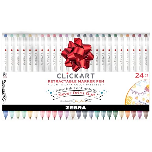 Zebra Pen CLiCKART Retractable Felt Tip Pen, Assorted Ink Colors, 0.6mm Fine Point, Moisture Absorbing to Prevent Drying Out, Ideal for Giftable Art Supplies and Teacher Gifts, 24-Pack (69824)