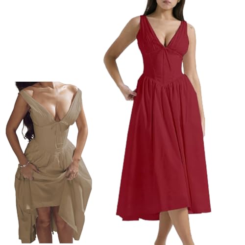 Emmelina Cotton Corset Sun Dress, Suspender Long Skirt V-Neck Floral Corset Dress,V-Neck Suspender Long Skirt