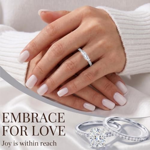 2CT Elongated Cushion Cut Engagement Travel Rings Set for Women, Waterproof 14K White Gold Plated Fake Wedding Ring Band Promise Rings for Her, Cubic Zicornia Ring 2PCS, Jewelry Gifts Size 4-11 - Image 5