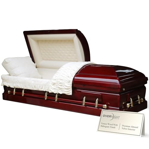 Overnight Caskets Belmont Veneer Wood Funeral Casket w/Almond Velvet Interior - Premium Veneer Hardwood - Fully Appointed Adult Casket - Handcrafted Coffin w/Pillow and Throw Set