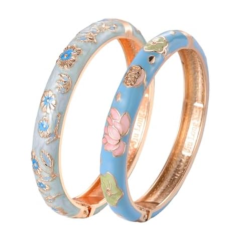 UJOY Gorgeous Bracelets Enameled Floral Cloisonne Gift Gold Plated Cuff Bangles Jewelry Sets Box for Women 55A18-55A35 blue Cover