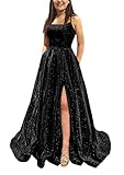 yinyyinhs Glitter Satin Black Prom Dresses for Women Spaghetti Straps Slit Evening Formal Ball Gowns with Pockets Size 8