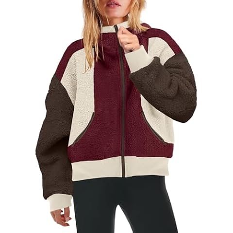 Yanekop Womens Oversized Sherpa Jacket Cozy Color Block Fleece Jacket Fuzzy Zip Up Hoodies Outerwear with Pockets(Burgundy Brown,XL) Cover