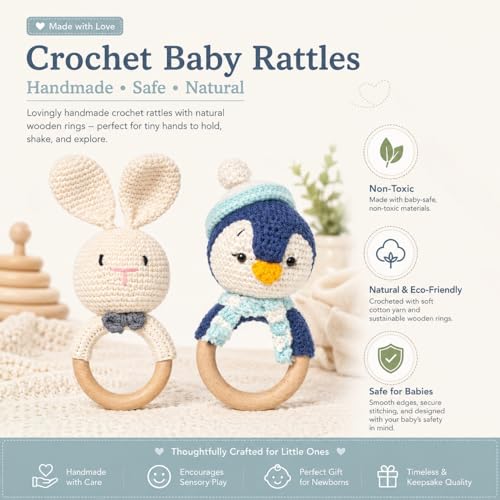 Image of Handmade Crochet Bunny & Penguin Wooden Teether Combo | Baby Teething Ring Toy | Natural Wood Infant Chew Toy | Soft Knitted Newborn Rattle Teether | Organic Cotton Baby Gift Set (Pack of 2)