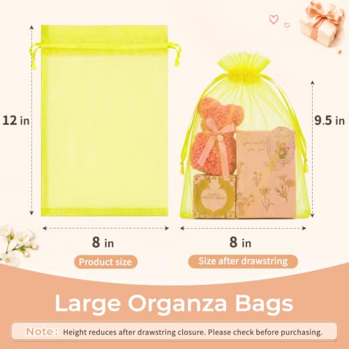 Image of Crweety 50PCS Organza Bags 8x12 Large Yellow Gift Bags Mesh Drawstring | Party Favor Goodie Bag Bulk, Jewelry Sachet Candy Treat Soap Makeup Pouches, Wrap for Wedding Baby Shower Birthday Halloween