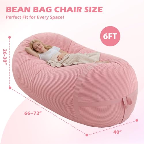 Image of 6FT Bean Bag Chair 6'Giant Bean Bag Chairs with Adults, Large Beanbag Chair | Bean bag Lounger with Machine Washable Cover Corduroy Fabric, Comfy Chairs for Living Room Bedroom Dorm, Pink