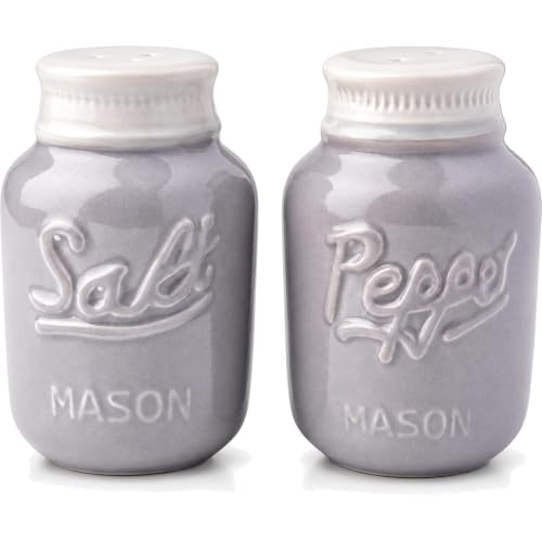 Image of Vintage Mason Jar Salt & Pepper Shakers by Comfify - Adorable Decorative Mason Jar Decor for Vintage, Rustic, Shabby Chic - Sturdy Ceramic in Grey - 100 ml Cap.