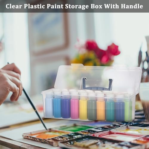 Image of JUXYES Plastic Clear Acrylic Paint Storage Organizer Box with Handle, Transparent Craft Paint Bottles Container Case with Lock, Saving Box with Lid for 2 fl. oz Acrylic Paints