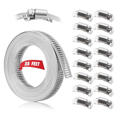 Dianrui DIY Hose Clamps 35 FT 304 Stainless Steel Metal Strap + 16 PCS Stronger Fasteners Assortment Kit Large Adjustable Pipe Clamps Band Clamp for Pipe Automotive Mechanical
