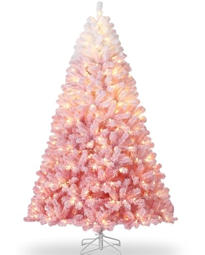 Garvee 6 ft Pre-lit Artificial Christmas Tree with 250 Warm White LED Lights, Snow Flocked Christmas Tree with 750 Branch Tips & Metal Stand, Indoor Outdoor Xmas Decoration, Pink Gradient