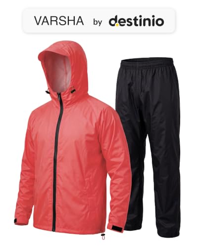 Image of Destinio Rain Coat for Men Waterproof with Hood, Thick Polyester, Leak Proof, Premium Zipper, Raincoat for Bike Riding, Double Layer Rain Suit for Riders, Rainwear Set