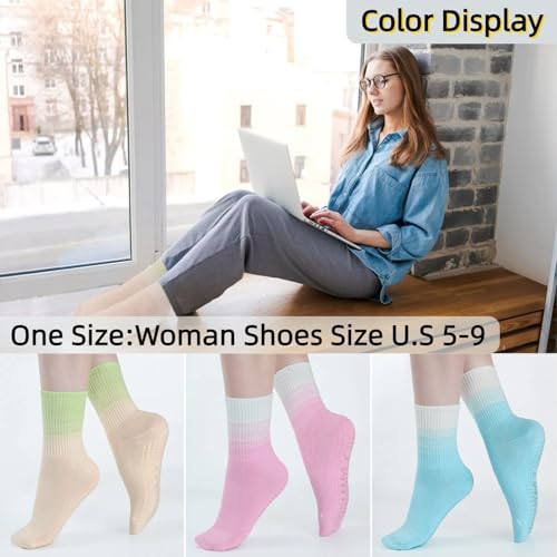 Image of Women Grip Yoga Pilates Socks Non Slip Crew Socks for Barre Ballet Dance Barefoot Workout Colorful Athletic Socks