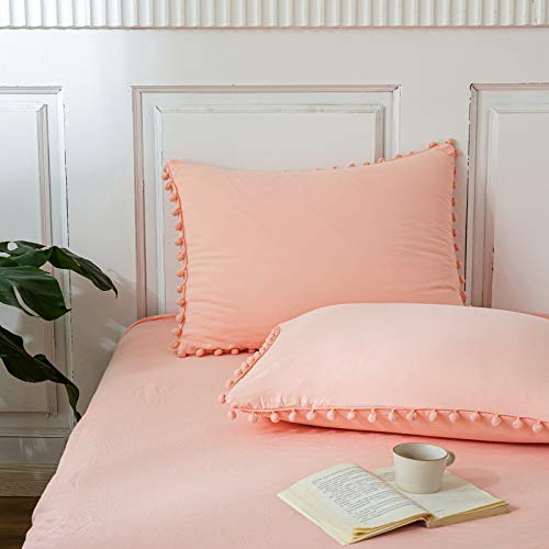 MOVE OVER Pink/Peach Pom Poms Pillow Case, Pink Standard Pillowcases Set of 2, 100% Washed Microfiber, Pink Girls Ball Fringe Pillow Shams, 2 Pack (Standard, Pink/Peach)