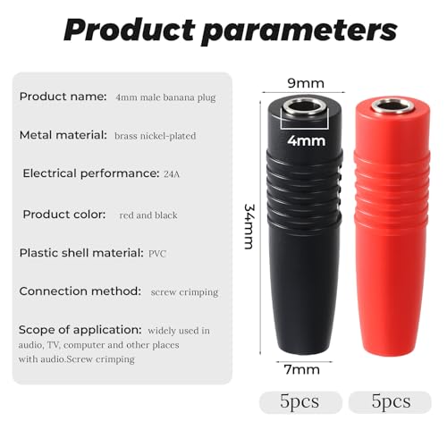 Image of 10 Pcs 4mm Insulated Female Banana Plug Connectors Solder Type for Male Banana Plug Cable Connector (Black, Red)
