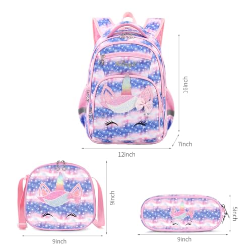Image of Cusangel Girls Backpack with Lunch Box Pencil Case,Cute Multi Compartment Preschool Elementary Primary Backpack for Girls Sky Unicorn 3pcs Backpack for Girls