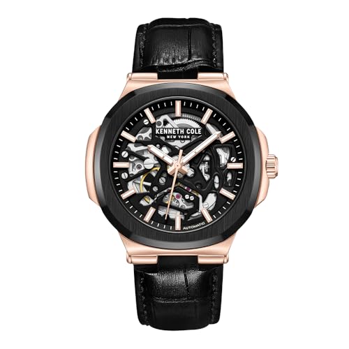 Kenneth Cole New York Luxury Watch for Men, Automatic Movement, Water Resistant, Sophisticated & Sleek Design, Black & Rose Gold Case - Black Leather, Rustic