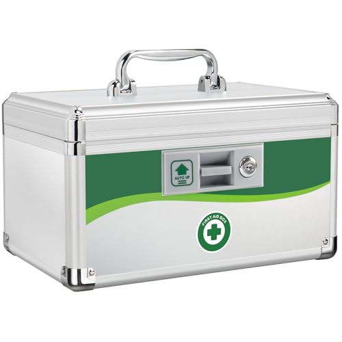 ZORVIDSON Medicine Lock Box, First Aid Safe Medication Storage Lockbox with Key, Aluminum Daily...