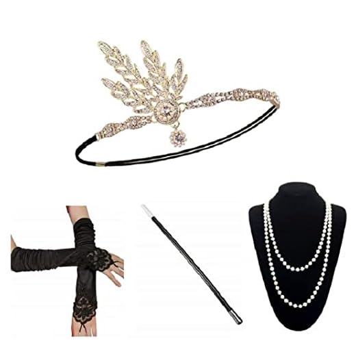 E EBETA 1920 år tillbehör set flapper kostym tillbehör för kvinnor 20-tal gatsby pannband huvudbonad örhängen pärlor halskedja handskar cigarettspets (E)