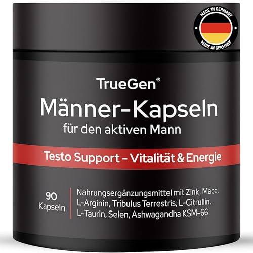 TrueGen Männer Kapseln – 90 Vegane Kapseln mit L-Arginin, Maca, Tribulus, Ashwagandha, Citrullin, Zink, Selen, Vitamin D & Magnesium – Für Vitalität & Wohlbefinden