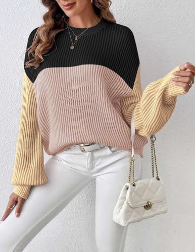Image of Zeagoo Women 2026 Fall Lightweight Oversized Sweater Crew Neck Long Sleeve Color Block Pullover Rib Knit Blouse Tops XS-2XL