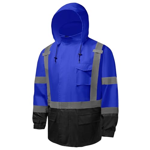 fortresswear Hi Vis Rain Jackets for Men Reflective Waterproof High Visibility Class 3 Safety Rain Coat with Black Bottom,Removable Hood