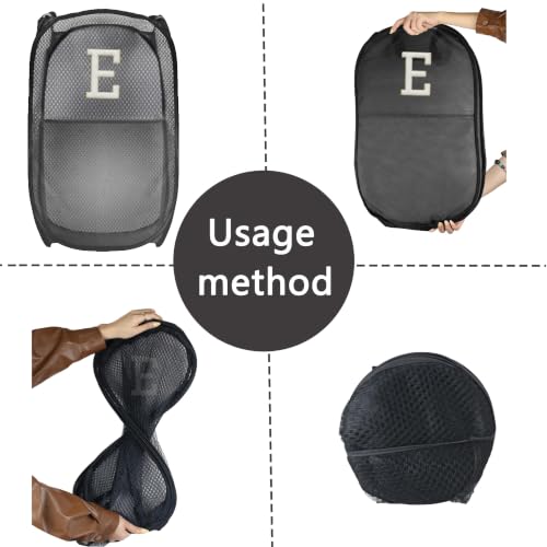 Image of Collapsible Pop Up Laundry Hamper, Extra Large with Removable Initial Letter E, Mesh Foldable Laundry Basket, 28 inch x 16 inch x 16 inch (Black)