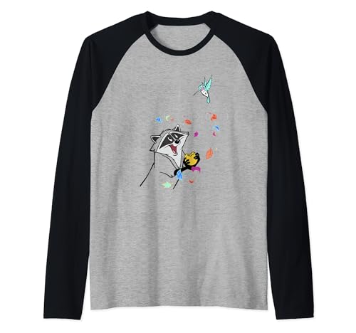 Disney Pocahontas Meeko Flit Colorful Leafs Fall Raglan Baseball Tee, Black
