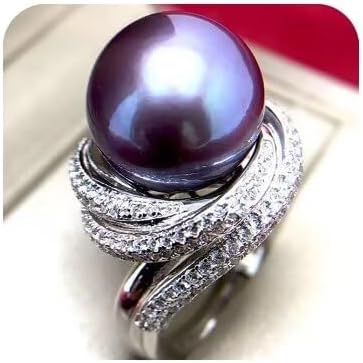 15mm Natural Freshwater Pearl Ring Round Deep Purple Large Pearl Sterling Silver 925 Statement Open Rings for Women s Adjustable Engagement Rings Anniversary Wedding Band Jewelry s