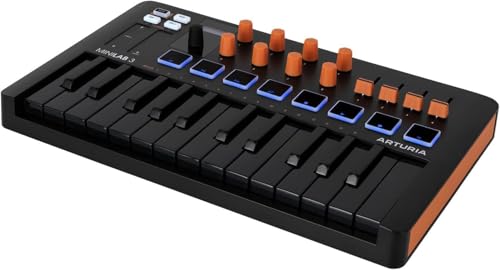 Image of Arturia MiniLab 3 - Universal MIDI Controller for Music Production, with All-in-One Software Package - 25 Keys, 8 Multi-Color Pads - White (MiniLab 3 Only, Black /Orange) | 25 Slim Velocity Keys, 16 Rgb Velocity Plus Pressure Pads, 8 Encoders, 4 Faders, USB-C and 5-Pin Midi