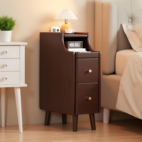 liowdce Narrow Nightstand with Drawers, Solid Wood End Table, Small Spaces Bedside Table, Mid Century Modern Slim Side Table, Skinny Night Stand for Bedroom (7.8