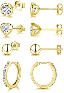 SAKUNALA 925 Sterling Silver Stud Earrings for Women Girls, Hypoallergenic Silver Hoop Earrings and Stud Earrings Set, Small Cartilage Cubic Zirconia Hoops Earrings, Earring Set for Multiple Piercings