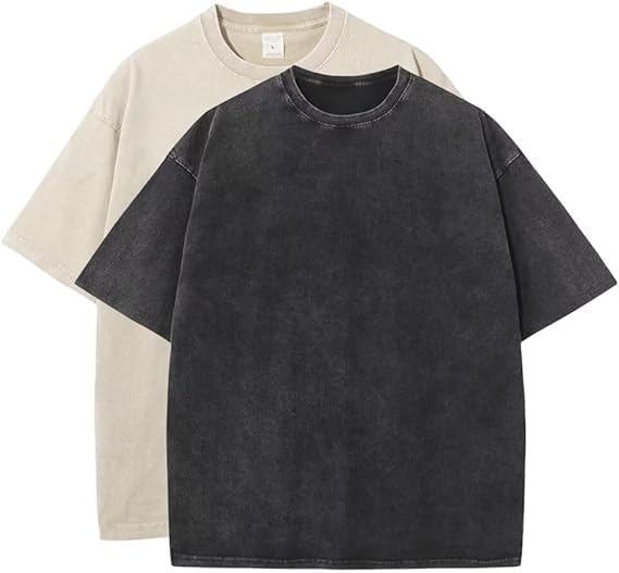 2PCS Men Oversize T-Shirt Men's Heavy Cotton Summer T-Shirt tee Loose Fit Short Casual Wash Solid Basic tee Tops (L,04)