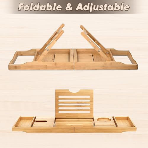 Spring Bath Tray – Extendable/Foldable Bamboo Bath Caddy Tray for Bathtub with Exfoliating Gloves, Non-Slip Pads with Built-in Holder for Glass Candle, iPad Tablet, Phone-Bathroom Accessories