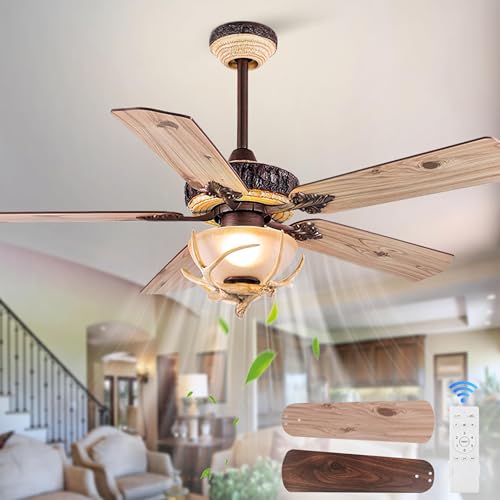 Mccokaige 52' Deer Antler Ceiling Fan with Lights Antler Ceiling Fan Farmhouse Style Farmhouse Ceiling Fan with Lights Rustic Ceiling Fans with Remote Control Vintage Ceiling Fans with Light