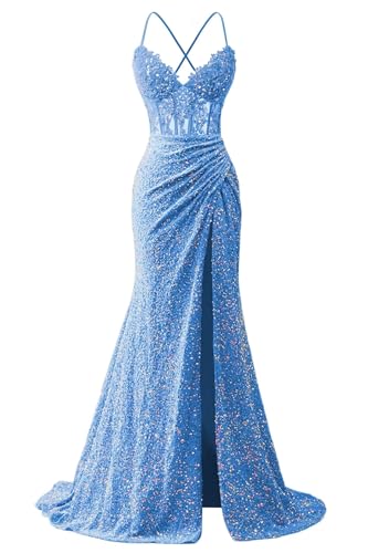 Sequins Prom Dresses Sparkly Corset Lace Appliques Spaghetti Straps Mermaid Long Slit Evening Gowns for Women 20252