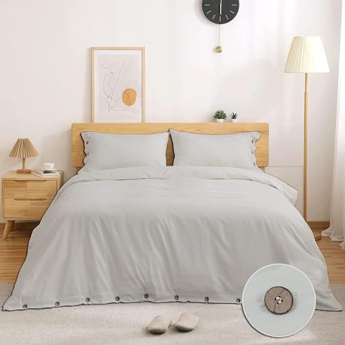 Juego de funda de edredón tamaño King con cierre de botones, 100 % algodón, 400 hilos, juego de ropa de cama de 3 piezas, fundas de edredón y fundas de almohada suaves y transpirables, color gris